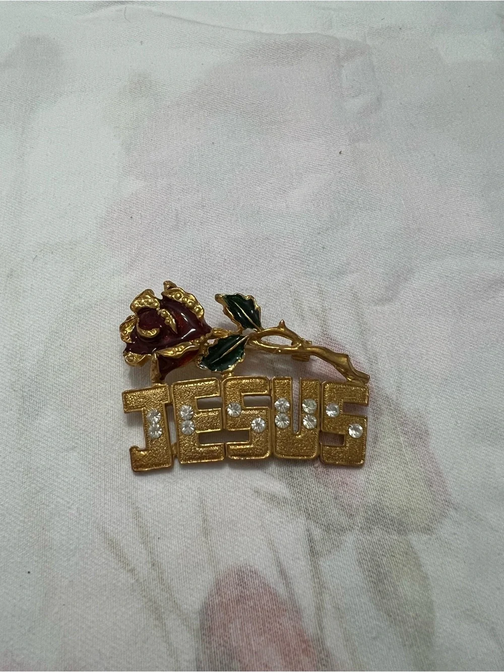 Gold Tone Jesus White Rhinestones Red Green Rose Enamel Brooch Pin
